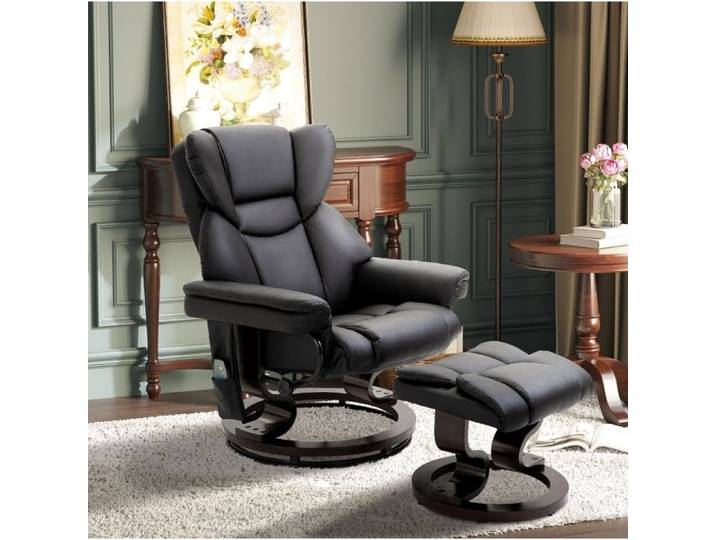 Fauteuil de relaxation massant – simili cuir noir – avec repose-pieds – inclinable jusqu'à 145°