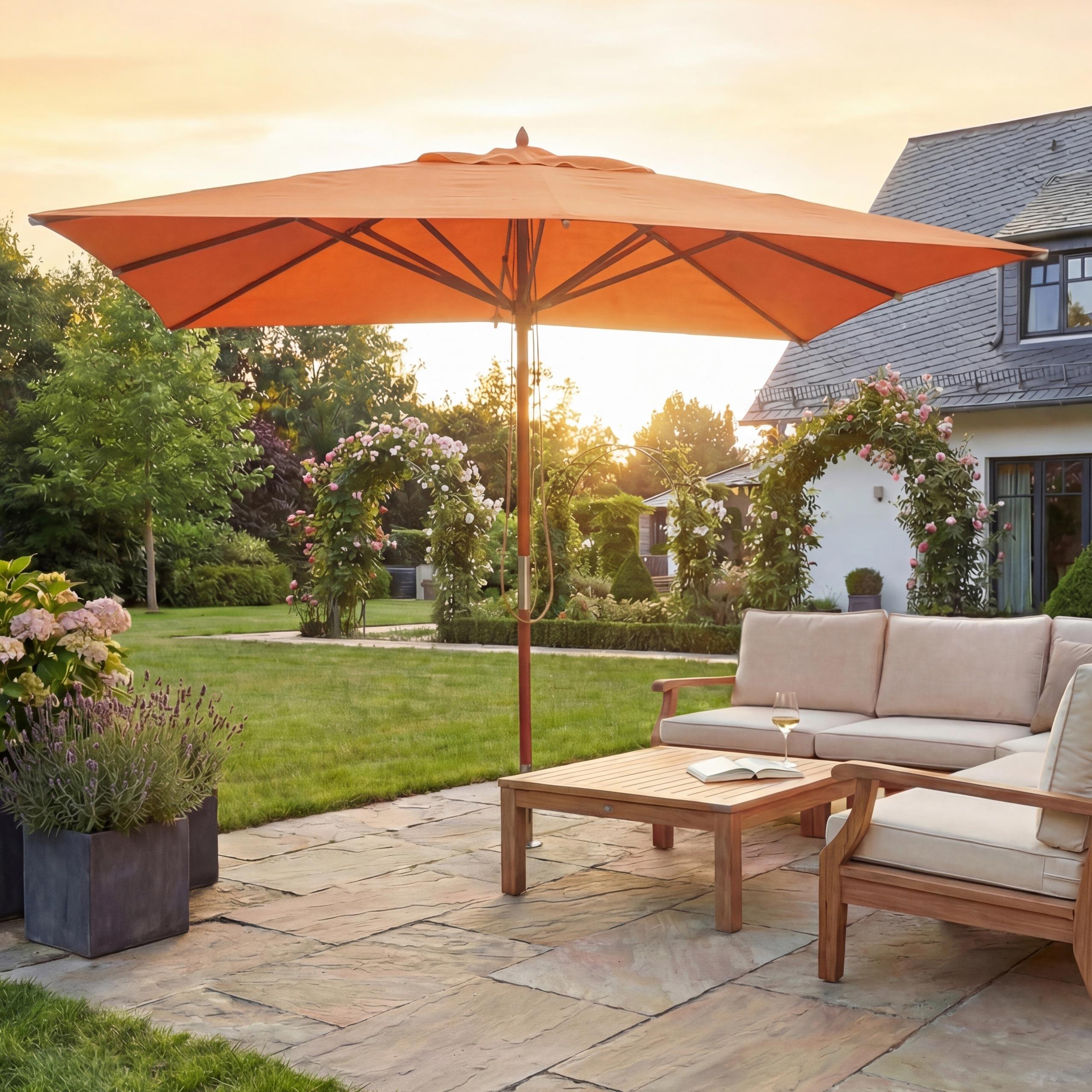 Gastronomie Holz-Sonnenschirm MCW-C57, Gartenschirm, Polyester/Holz 28kg, eckig 4x4m Seilzug stoßsicher terracotta