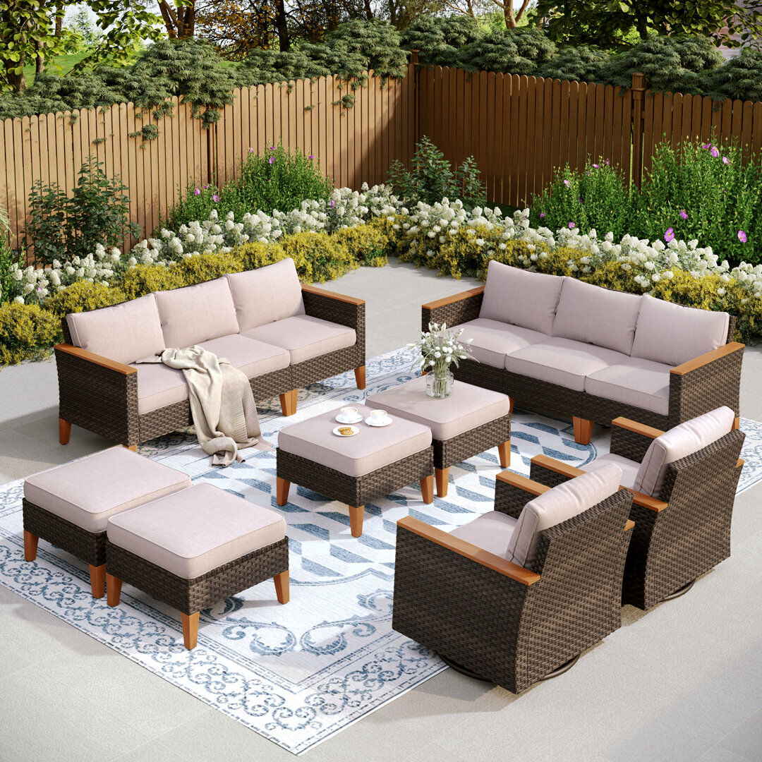 Blue Elephant Argyri Outdoor Wicker Patio Conversation Furniture Set With Swivel Chairs Matte Black 12