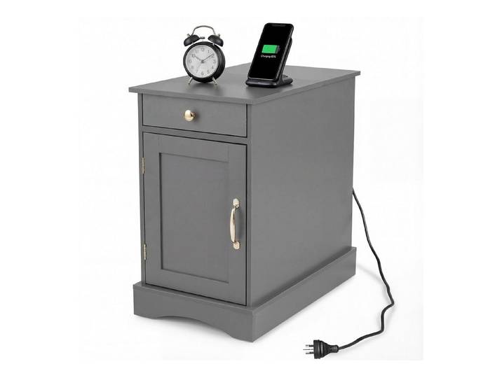 COSTWAY Beistelltisch, mit Ladestation, Nachttisch mit verstellbarem Regal Holz