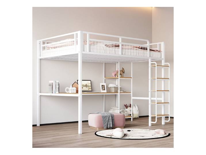 Merax Hochbett (1-St., Metallbett Einzelbett für Kinder- und Jugendzimmer) Kinderbett mit Treppenstufen, Tisch, Geländer & Regalen, 140x200cm