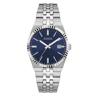 Quarzuhr GUESS "VINCENT", silber (silberfarben, blau, silberfarben, blau), Armbanduhren, Herren, silberfarben, Quarzuhr, Armbanduhr, Damenuhr, Herrenuhr, Edelstahlarmband, analog, Tag