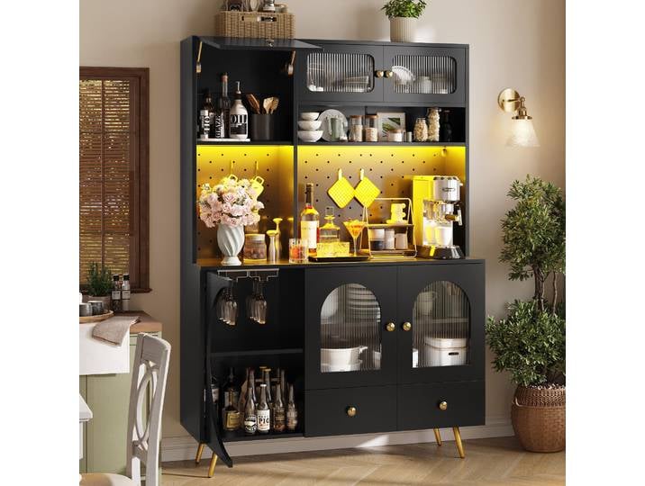 STILVORA Sideboard mit LED-Beleuchtung , Küchenschrank mit USB-Anschlüssen, Hochschrank mit Steckdosen, Aufbewahrungsschrank mit Lochwand, Schublade & Glasböden, Schwarz