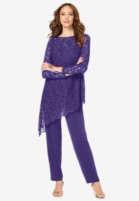 Plus Size Women's Extended Plus Size Asymmetrical Lace Pant Set -Long Sleeve Lace Scalloped Tunic & Elastic Waist Pant by Roaman's in Midnight Violet