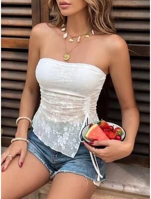 Daily Discovery Elegant Strapless Lace Top White Bandeau Tube Top For Women With Side Tie Detail s