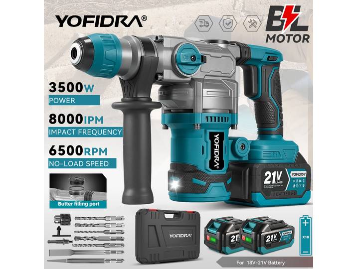 Marteau perforateur électrique sans balais YOFIDRA 26MM, 8000IPM, multi-visseuse, outil de perçage rotatif, compatible avec la batterie Makita