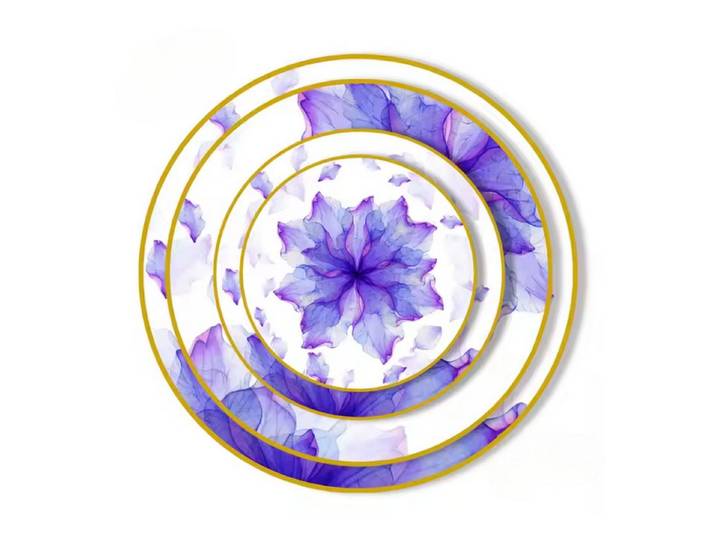Quality Elegance Speiseteller Luxus Geschirr Set – Lila Blumenmotiv mit Goldrand, (4 St), 45 % Knochenasche