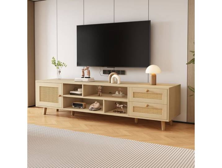 Meuble TV 160 cm avec Rangement 2 Tiroir 1 Porte et Compartiment Ouverts Armoire de Télévision avec Gestion des Câbles Naturelle