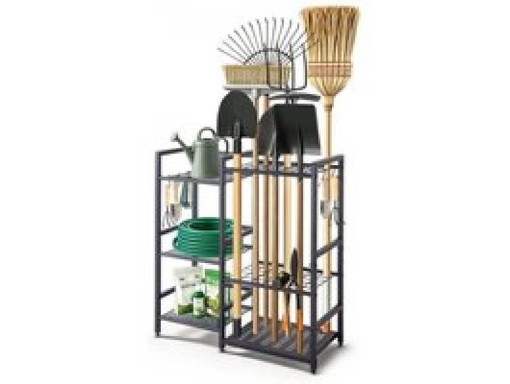 VEVOR Gartengeräte Ständer 740x300x805mm 3-Stöckiger Gerätehalter Schwarz, Aufbewahrungsregal für Garage Schuppen Garten & Outdoor, Organizer aus Stahl mit 3 Ablagefächern 6 Haken & Nivellierfüßen