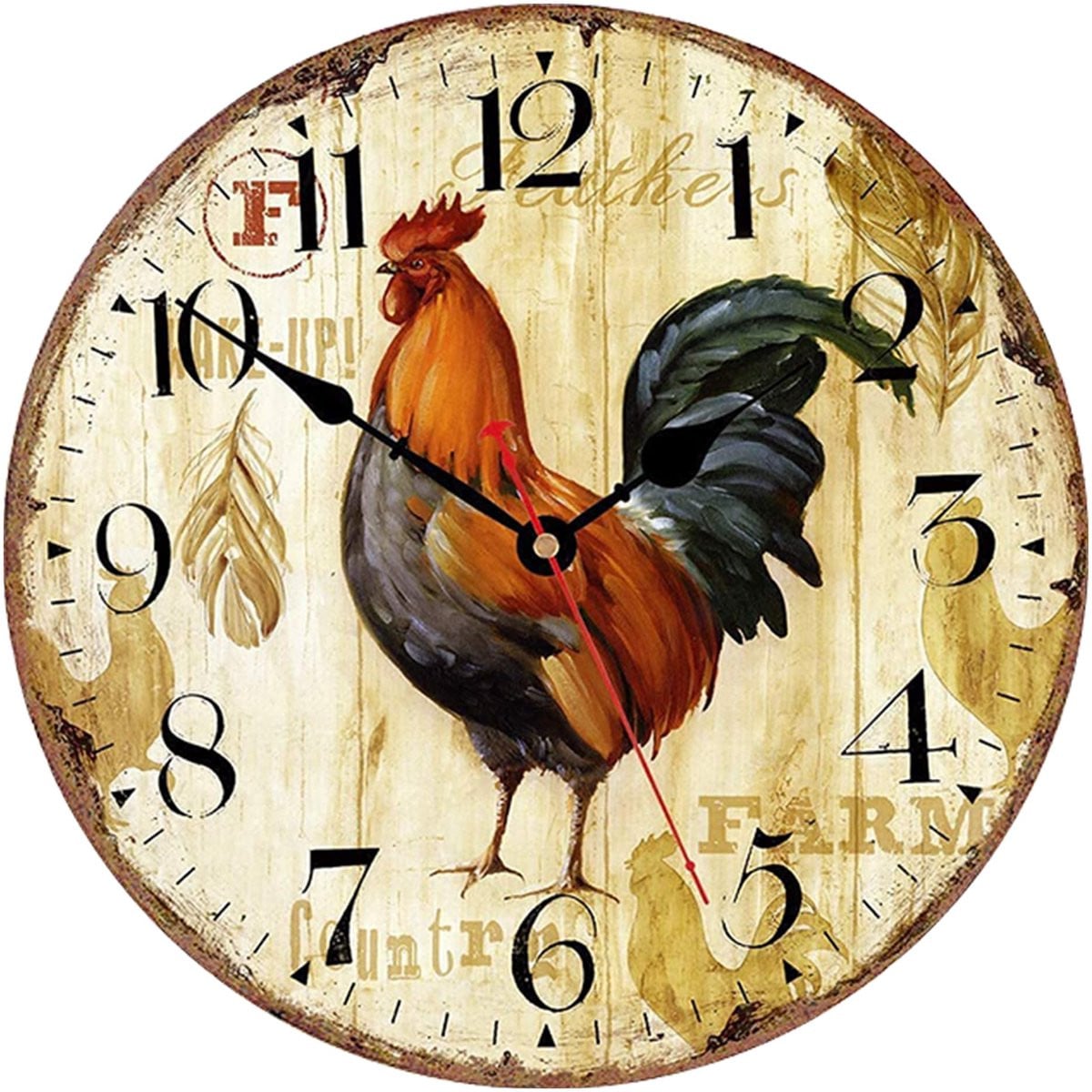 Houten Wandklok met Haan in Vintage Stijl - Stil Kwarts Uurwerk - Diameter: 30 cm