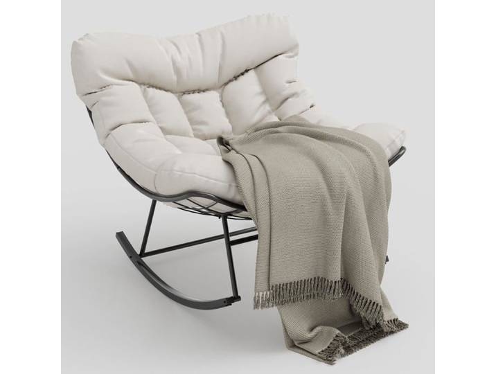 Fauteuil à bascule oversize avec pouf coussin épais cadre métal piscine jardin arrière‑cour blanc