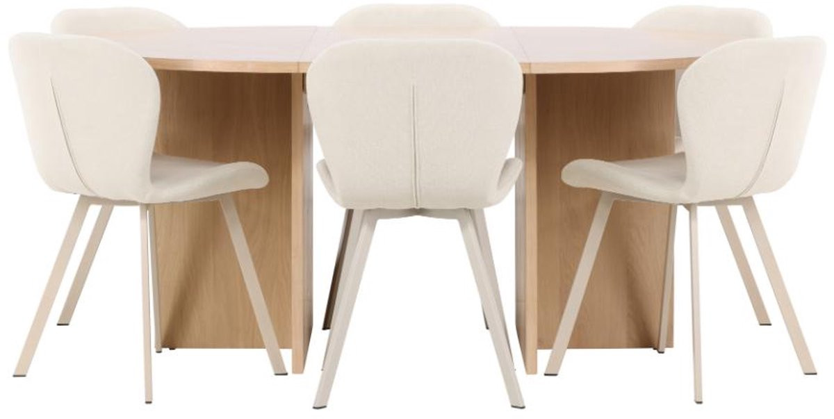 Hioshop Strada eethoek met uittrekbare tafel Ø120cm en 6 stoelen, whitewash en beige