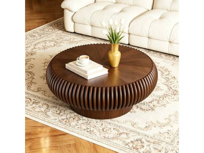 SOUWOFS Runder Walnuss-Couchtisch Moderner geriffelter Couchtisch mit rutschfesten Fußpolstern, stabiler MDF-Säulentisch für Wohnzimmer, Wohnkultur