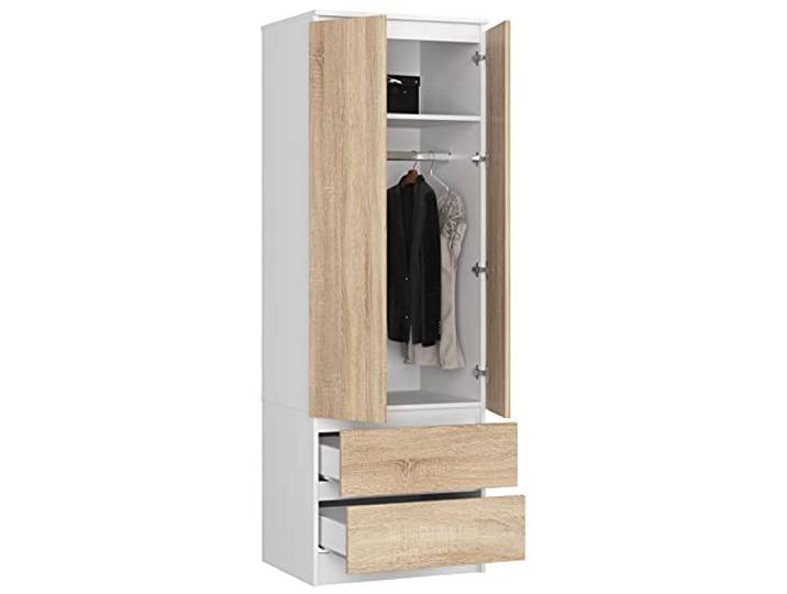 BDW Kleiderschrank mit 2 Türen, 2-türiger Kleiderschrank, 2 Schubladen - Aufbewahrungsschrank - Moderner Schrank für Schlafzimmer, Wohnzimmer, Flur, Kinderzimmer - 180x60x51cm - Weiß Sonoma