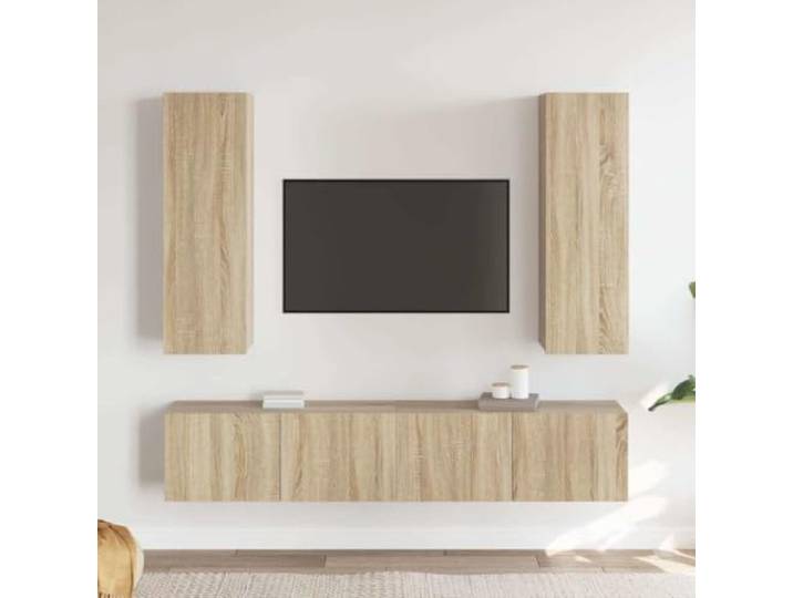 HEFZGDB 4-TLG. TV-Schrank-Set Sonoma-Eiche Holzwerkstoff mit Wandmontage und Staufächern für Aufbewahrung
