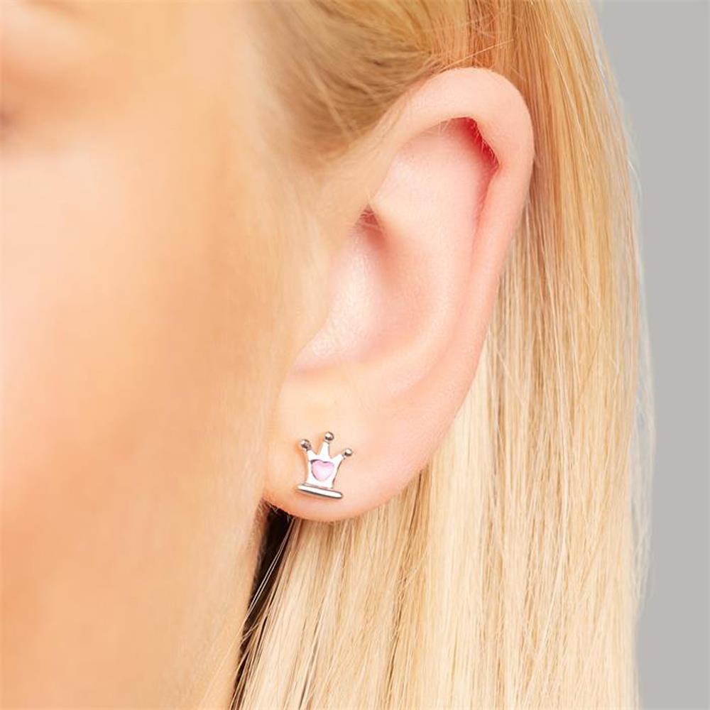 Unique Kinderohrstecker Krone mit pinkem Herz rosa