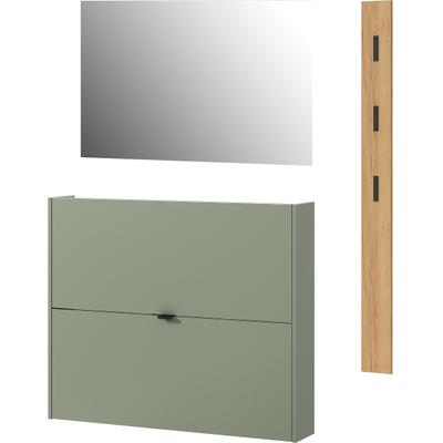 Garderoben-Set GERMANIA "GW-Ameca", grün (taupegrün, navarra, eiche, nachbildung), B:130cm H:200cm T:18cm, Spanplatte, Kastenmöbel-Sets, Garderoben-Set bestehend aus Schuhschrank, Spiegel & Garderobenpaneel