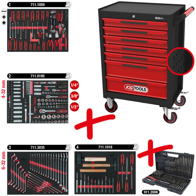 Servante d'atelier ECOline KS Tools NOIR/ROUGE avec 7 tiroirs et 515 outils d'excellente qualité (897.7515)
