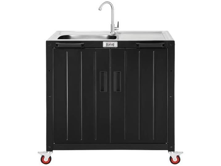 FEASTO Freistehender Grillwagen mit Spüle und Schrank, beweglicher Outdoor-Wagen-Tisch mit 304 Edelstahl-Spüle, Outdoor-Grillwagen, Outdoor-Grillstation mit Rädern, L 89 x B 61 cm