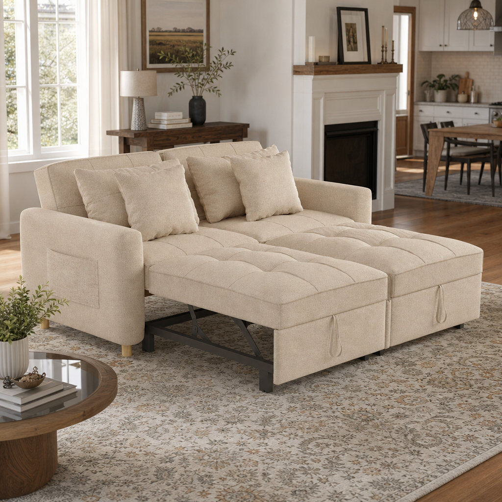 Zipcode Design Borchert 2 Seater Fabric Sofa Bed Beige Linen 88cm H X 167cm W X 90cm D