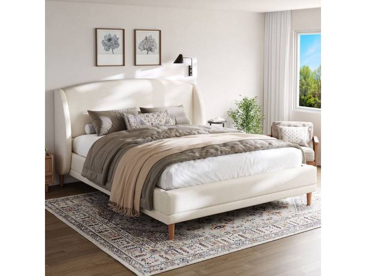 Lit double Lit capitonné rembourré 140x190 cm – Blanc Ivoire – Tissu Bouclé – Tête à Oreilles – Pieds Hévéa