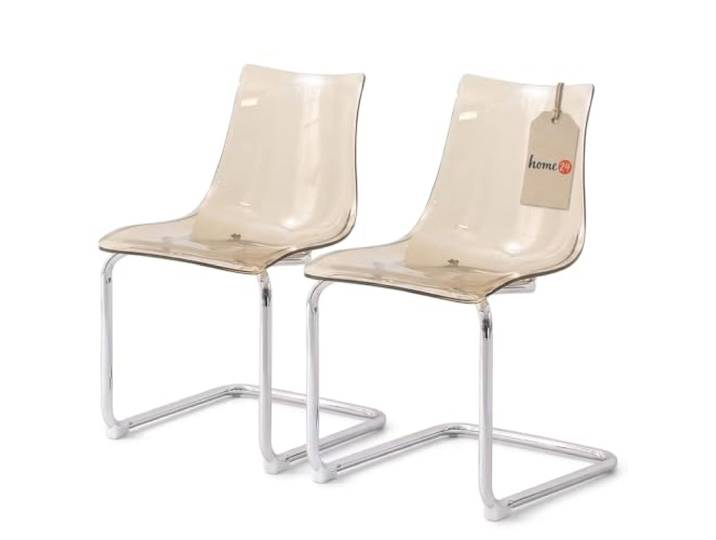 home24 Esszimmerstuhl 2er-Set, Freischwinger, Kunststoff, Sitzhöhe 45 cm Sitzschale Bernsteinfarbe, Gestell Eisen verchromt ohne Hinterbeine, Füße in Silber, 47 cm breit und 51 cm tief