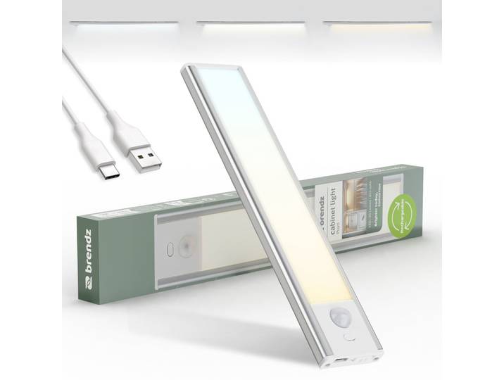 Brendz LED Kastverlichting met bewegingssensor\, 20 cm\, USB-C Oplaadbaar\, Dimbaar\, Magnetisch\, 3 Kleurtemperaturen\, Draadloos\, Kastverlichting op Batterij\, Zilver