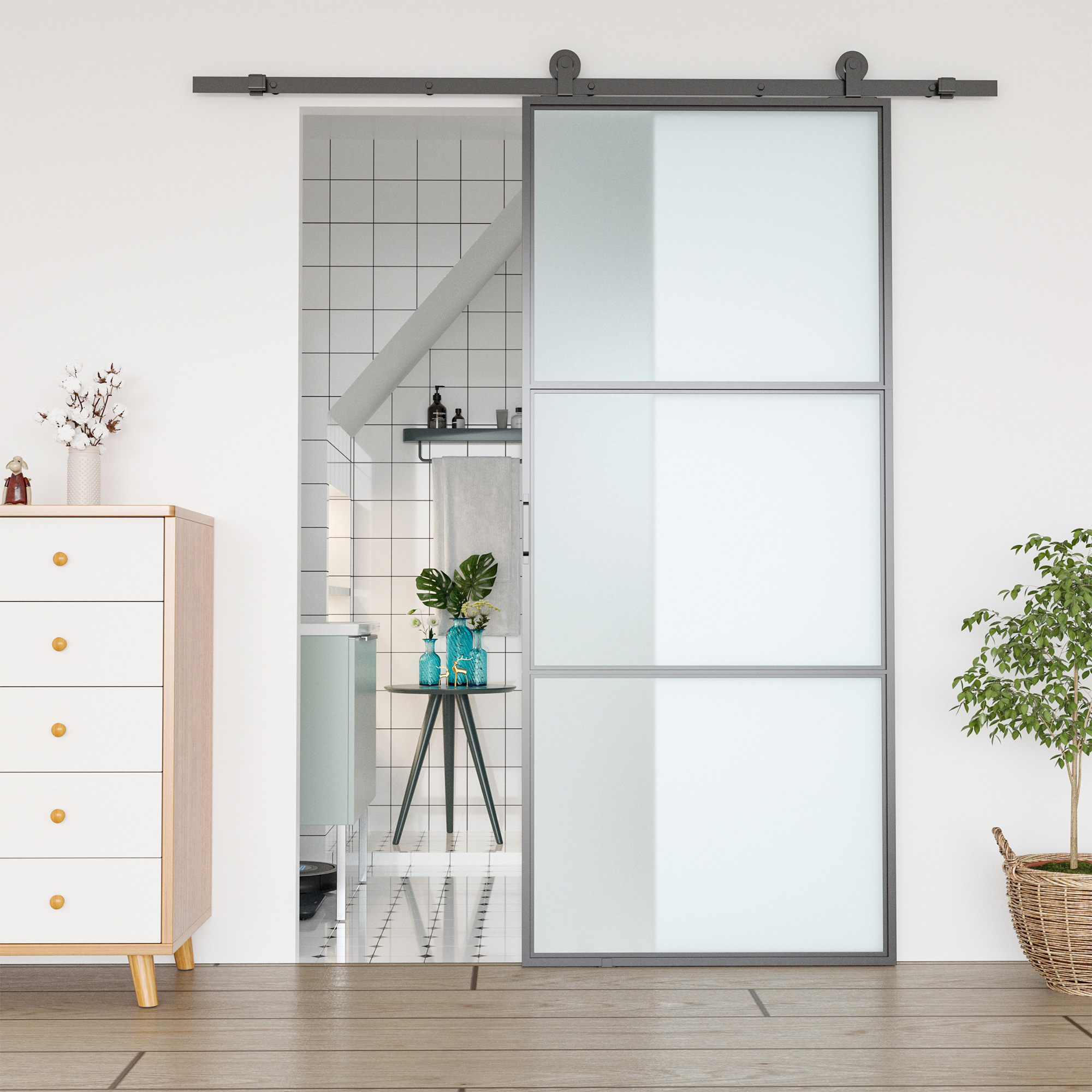 Homcom Kit Porta Scorrevole in Acciaio con Binari, Fermi e Guide, 200x40x0.6 cm, Nero   Aosom Italy
