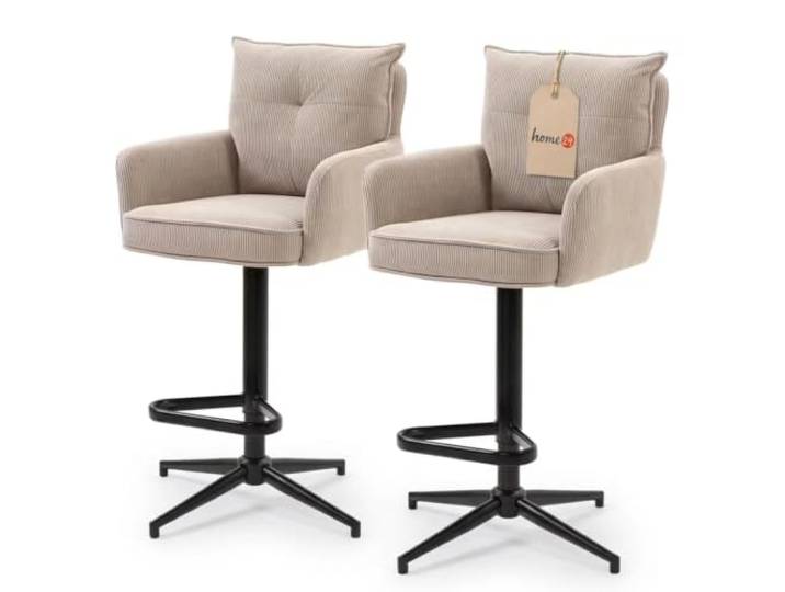 home24 Drehbarer Barstuhl 2er Set Metall Textil Bezug: Cord, Gestell: Eisen pulverbeschichtet, modernes Design, Beige, 58 x 54 x 100 cm