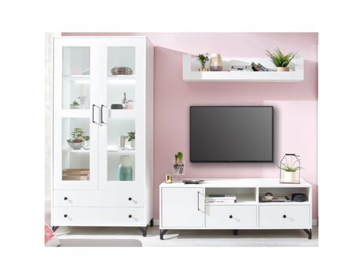 Lomadox Wohnwand TV-Wand Mediawand Anbauwand weiß mit Glanz modern inkl. Beleuchtung Vitrinenschrank Lowboard Wandboard