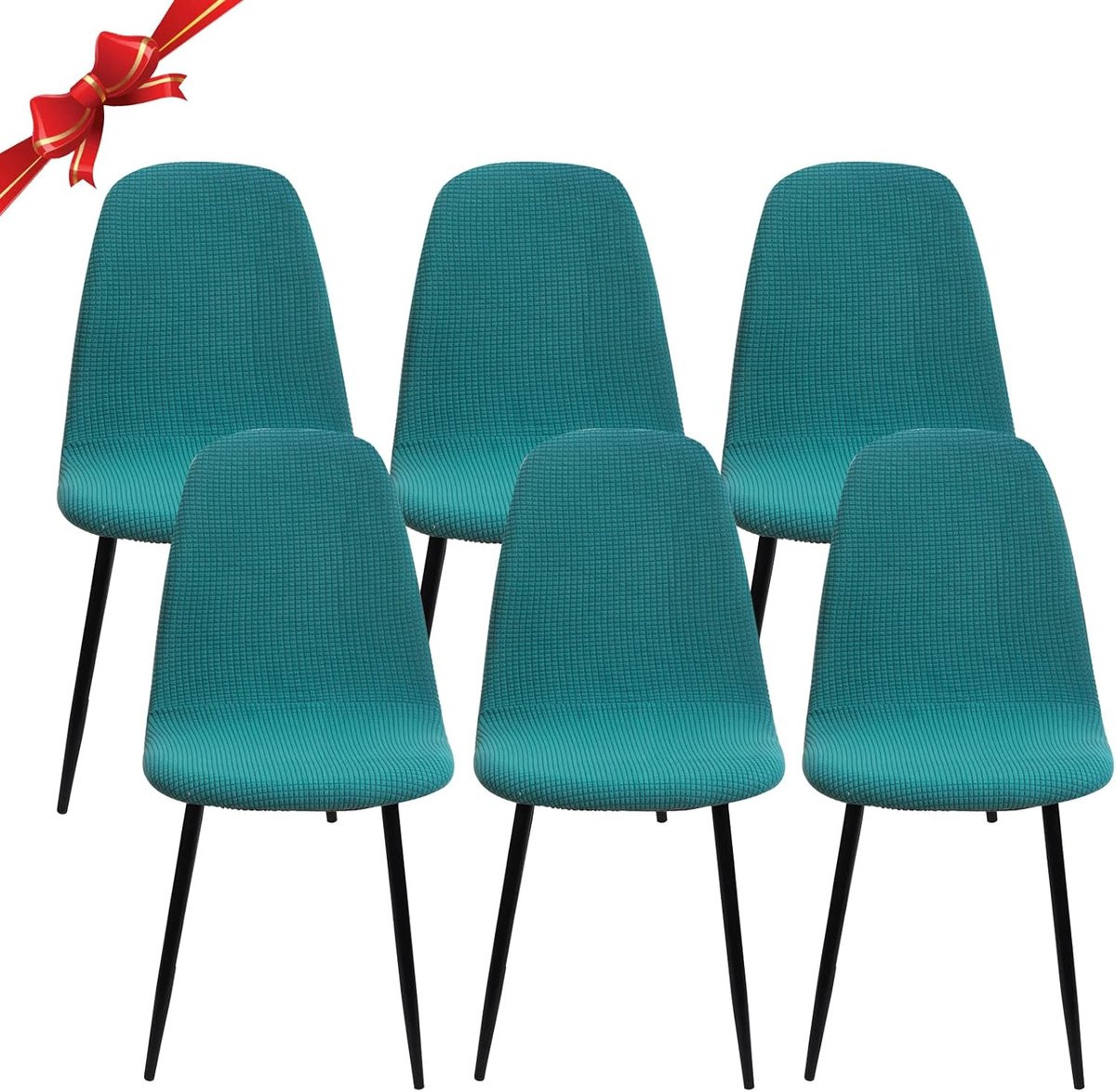 Set van 6 wasbare elastische stoelhoezen met ronde rug in groen jacquard voor eetkamerstoelen