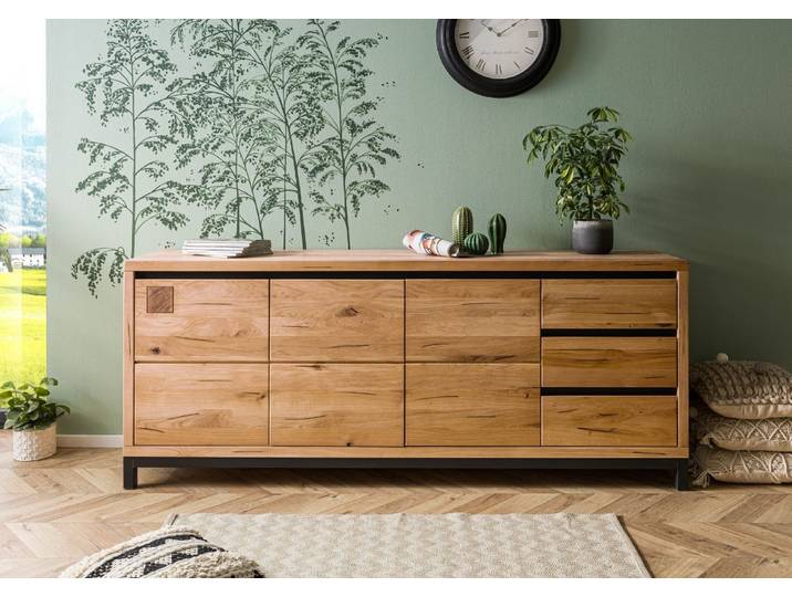 Sideboard Wildeiche 210x45x85 natur geölt VILLANDERS #152, rustikales Design, 3 Türen, 3 Schubladen, grifflos