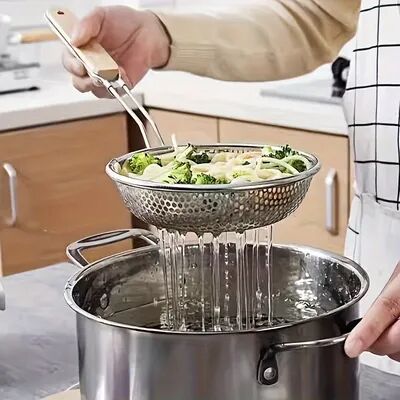 Smart Shopping Spot Stainless Steel Colander With Wooden Handle Fine Mesh Skimmer Spoon For Cooking And Pasta Prep Stainless Steel Colander With Wooden Handle Fine Mesh Skimmer Spoon For Cooking And Pasta Prep