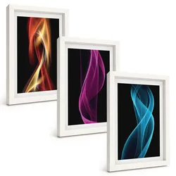 BILDER SET 3er Set - 20x30 cm Weißer Rahmen - Neonwellenlinien auf dunklem Hintergrund
