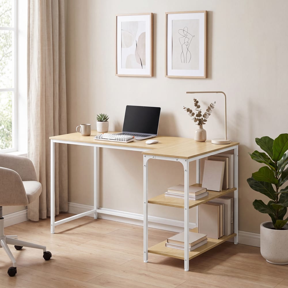 VASAGLE Bureau d'angle gaming avec étagères 120 x 80 x 76 cm blanc Jaune 120x76x80cm