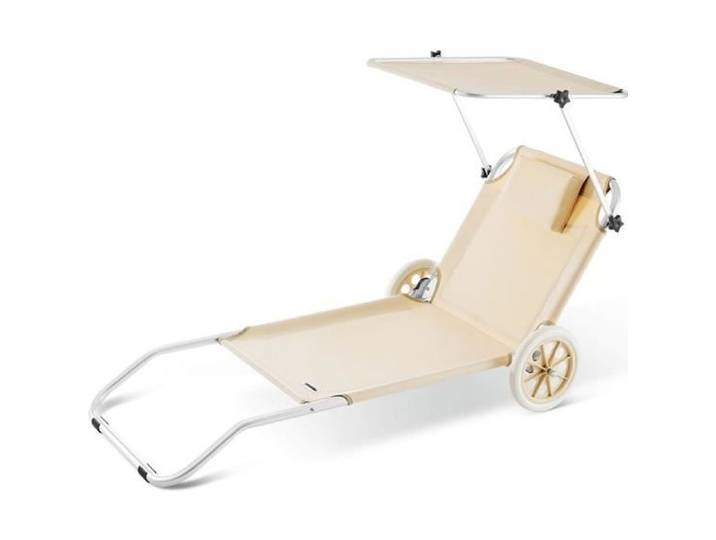 Casaria Chaise longue  Crête  de plage Beige transat pliable chariot de transport avec pare soleil réglable camping