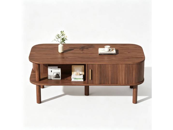 Table basse - 110×55×45 cm - Noyer - Rangement double - Style scandinave