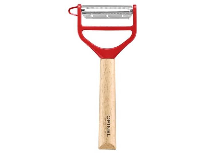 Opinel - Eplucheur T-DUO - Manche en Bois de Hêtre - Double Lame Inox - Epluche-Légumes\, Préparation de Juliennes - Idéal pour Droitiers et Gauchers - Rouge