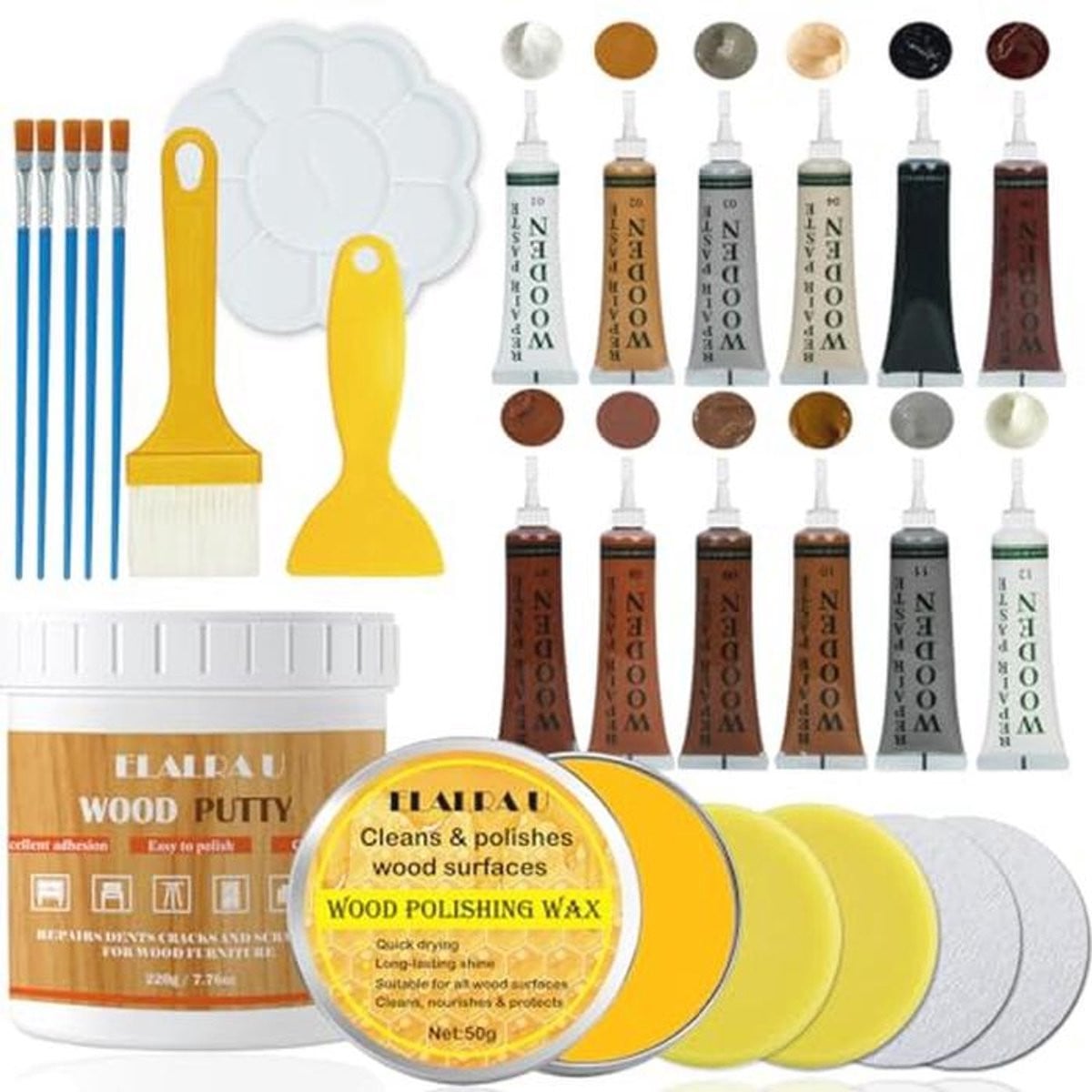 Reparatieset voor houten meubels met houtkit, houtplamuurmassa en bijenwas