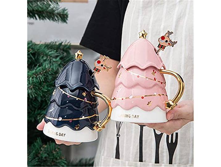 KFGISD, 2-teilige Weihnachtsbaumtasse mit Deckel und Löffel, Milchkaffeetasse,Weihnachtsdekoration