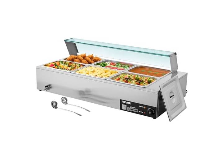 VEVOR kommerzieller Speisenwärmer (6 x 1/2 Größe Behälter), 1,5 kW elektrischer Wärmebehälter aus Edelstahl mit Glasabdeckung & Suppenkelle, Chafing Dishes für Catering Restaurant Party