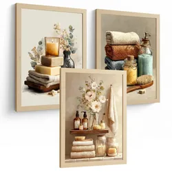 POSTER 3er-Set dekorative Badezimmerdrucke, gemütlicher Spa-Stil, Bilder mit Kerzen, Blumen und Handtüchern, entspannende, Leichter Holzrahmen A3