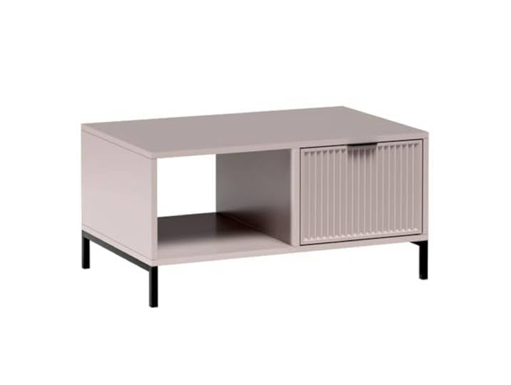 Lomadox Couchtisch in Kaschmir beige mit Rillenoptik Wohnzimmertisch eckig 90 cm mit Schublade modern Stauraum Beistelltisch