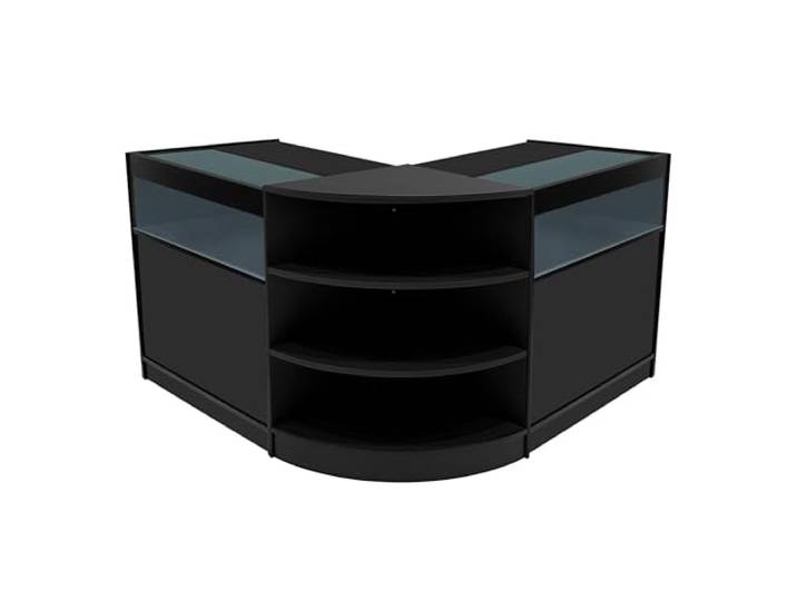 Schwarzes Ladentresen-Set Theseus LED Licht B900 LM60 mit abschließbaren Schiebetüren, Schlüsseln, 3 Verkaufseinheiten, Glasvitrine, Eckmöbel für Kleidung, Innenregale, weiße Beleuchtung