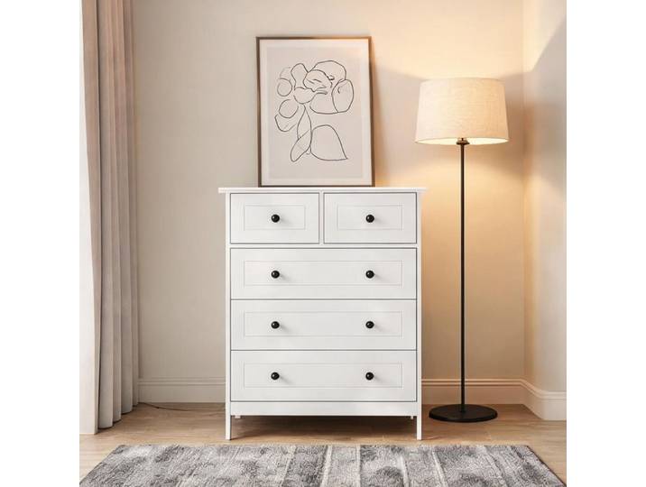 Commode contemporaine 5 tiroirs poignées métal noir finition blanc 74x40x91 cm