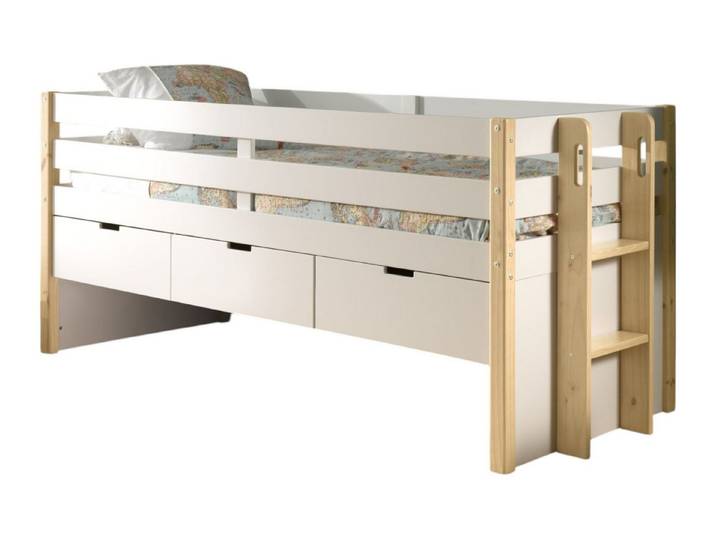 58 aufm Kessel Bettgestell Kojenbett Karissa 219x98x100 Kinderbett Massivholz+MDF Weiß/natur (inkl. Versand, Lieferung bis Verwendungsstelle), Liegefläche 90x200, inkl. Lattenrost, Schubladen, Absturzschutz