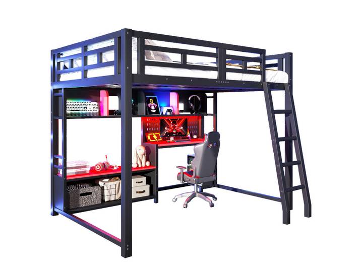 Komhtom Hochbett 140x200 cm Metall mit Schreibtisch im Gaming-Stil- Rot, Schwarz, Mode, 140x200 cm, Babymöbel & Kindermöbel, Kinderzimmer & Jugendzimmer, Kinderbetten, Hochbetten