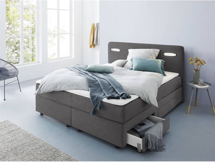 Boxbett, Polyester, Grau-Anthrazit, 180×200 cm, Mit Schubkästen & LED-Beleuchtung, Modern, Inosign