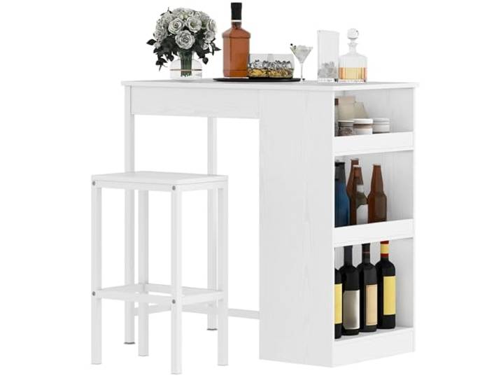 DWVO Frühstücksbar, Bartisch mit 2 Hockern und Ablage, Weiß Industrial Style Bartisch Set für Küche, Esszimmer, Kneipe