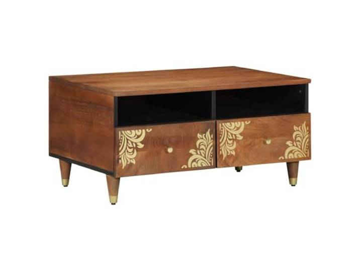 GHVBNMF Couchtisch Massivholz Mango 80x54x40 cm Honigbraun Holz Tisch Handbemalte Front, edle Messingfüße und praktischer Stauraum für Ihr modernes Wohnzimmer.